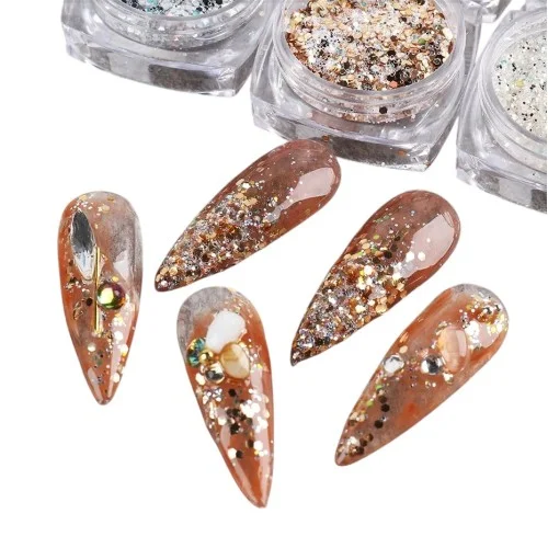 Διακοσμητικά για νύχια Εξάγωνες πούλιες Champagne Laser Sliver Nail Art Foils Paillete 6 τεμ.