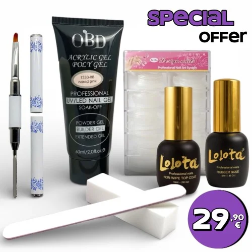 Σετ  AcrylicGel QBD με Dual Forms / Διπλό Πινέλο / Rubber Base και Top Thin No-wipe Lolota