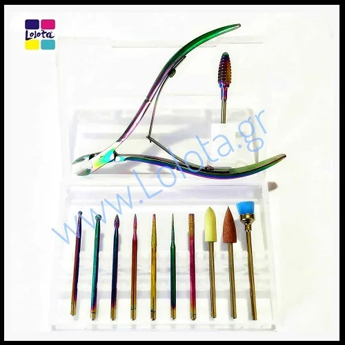 Φρέζες Rainbow για Combi Manicure σε Κασετίνα με Φρέζα Αφαίρεσης και Πενσάκι Δώρο σετ 12 τεμ.